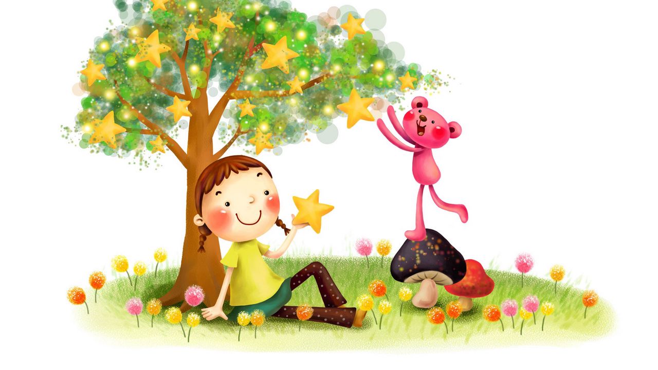 Обои рисунок, детство, фантазия, девочка, зверёк, грибы, одуванчики, дерево, звёзды, улыбка, косички, лужайка, трава