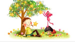 Превью обои рисунок, детство, фантазия, девочка, зверёк, грибы, одуванчики, дерево, звёзды, улыбка, косички, лужайка, трава