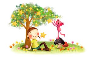 Превью обои рисунок, детство, фантазия, девочка, зверёк, грибы, одуванчики, дерево, звёзды, улыбка, косички, лужайка, трава