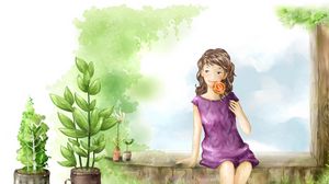 Превью обои рисунок, девочка, лето, растения
