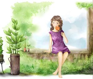 Превью обои рисунок, девочка, лето, растения