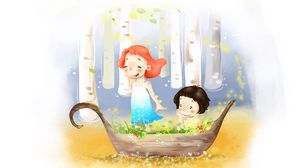 Превью обои рисунок, девочка, мальчик, лодка, цветы, берёзы, ветер, платье, детство, радость