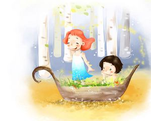 Превью обои рисунок, девочка, мальчик, лодка, цветы, берёзы, ветер, платье, детство, радость
