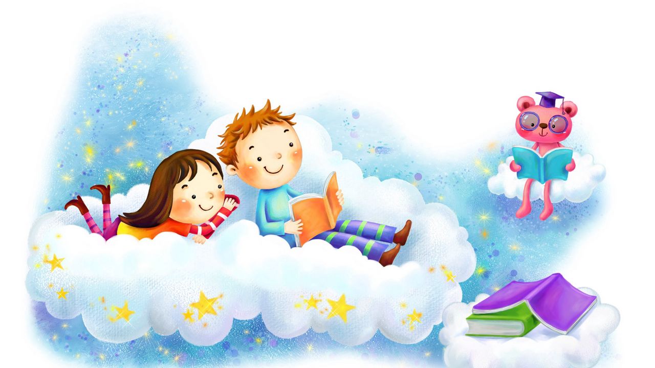 Обои рисунок, девочка, мальчик, облако, фантазия, книжки, звёзды, улыбки