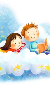 Превью обои рисунок, девочка, мальчик, облако, фантазия, книжки, звёзды, улыбки