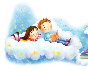 Превью обои рисунок, девочка, мальчик, облако, фантазия, книжки, звёзды, улыбки