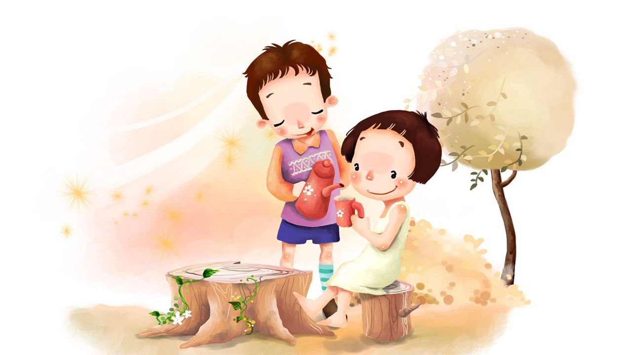 Обои рисунок, девочка, мальчик, поляна, цветы, дерево, листва, ветер, чаепитие, детство, позитив