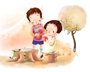 Превью обои рисунок, девочка, мальчик, поляна, цветы, дерево, листва, ветер, чаепитие, детство, позитив