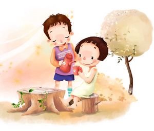 Превью обои рисунок, девочка, мальчик, поляна, цветы, дерево, листва, ветер, чаепитие, детство, позитив