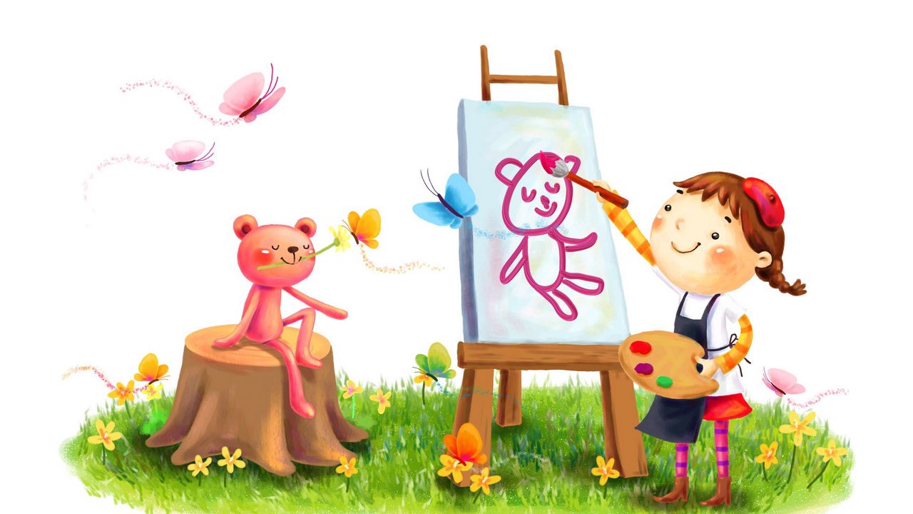Обои рисунок, девочка, зверёк, улыбка, рисование, краски, кисть, бабочки, лужайка, лето, цветы