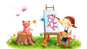 Превью обои рисунок, девочка, зверёк, улыбка, рисование, краски, кисть, бабочки, лужайка, лето, цветы