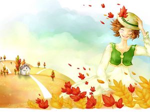 Превью обои рисунок, девушка, осень, деревья, листья, дождь, дом