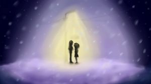 Превью обои рисунок, девушка, парень, фонарь, свет, снегопад, хлопья, зима