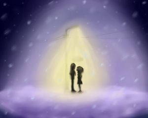 Превью обои рисунок, девушка, парень, фонарь, свет, снегопад, хлопья, зима