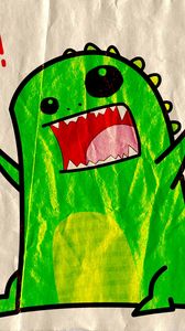 Превью обои рисунок, динозавр, животное, зеленый, бумага
