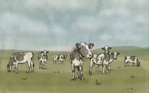 Превью обои рисунок, коровы, молоко, луг