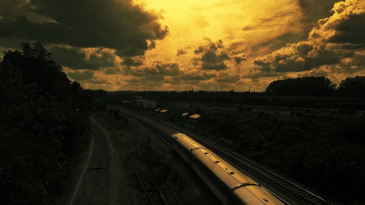 Обои рисунок, масляный, поезд, железная дорога, закат, небо