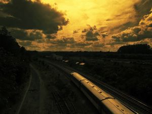 Превью обои рисунок, масляный, поезд, железная дорога, закат, небо