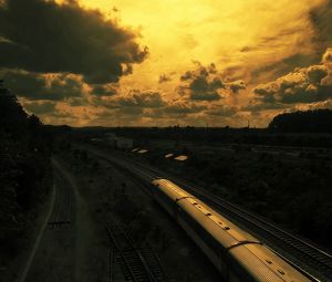 Превью обои рисунок, масляный, поезд, железная дорога, закат, небо