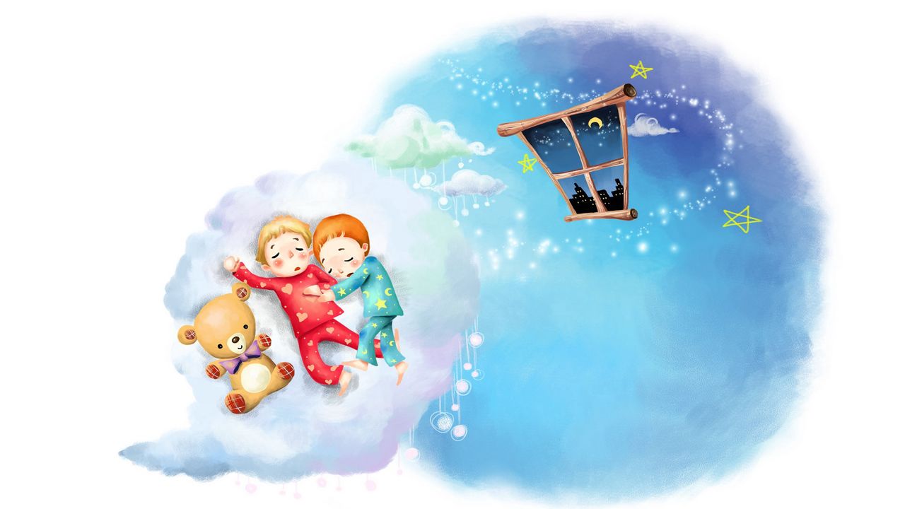 Обои рисунок, облака, малыши, сон, детство, пижамы, окно, месяц, звёзды, плюшевый мишка
