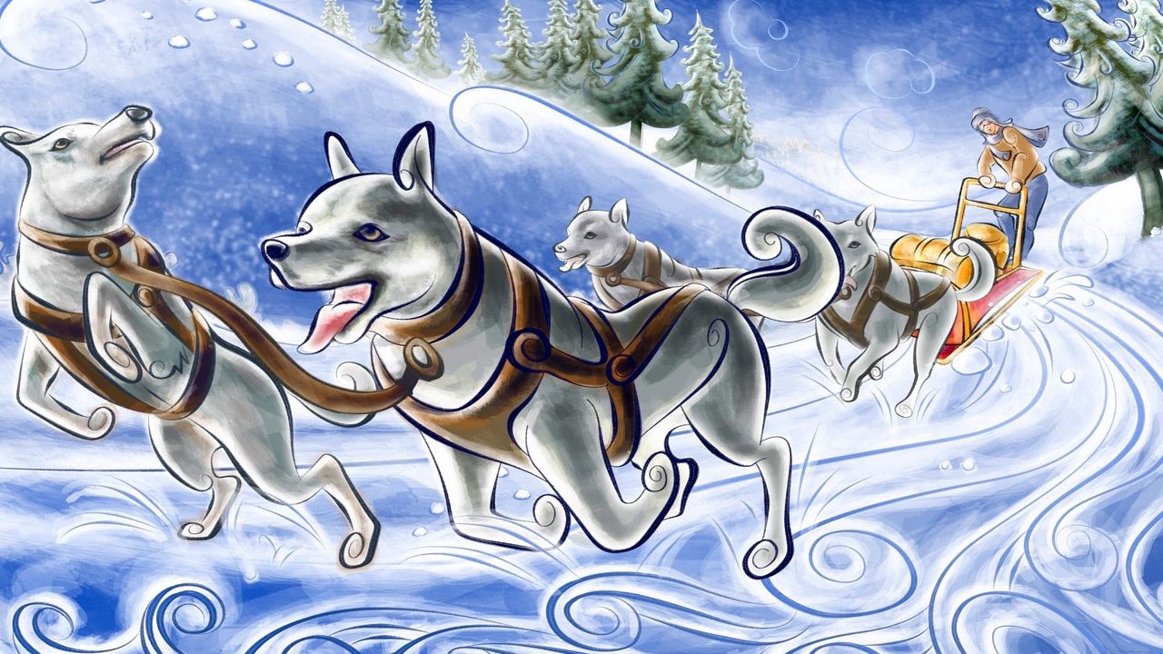 Обои рисунок, собаки, повозка, упряжка, снег, бег