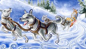 Превью обои рисунок, собаки, повозка, упряжка, снег, бег
