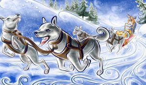 Превью обои рисунок, собаки, повозка, упряжка, снег, бег