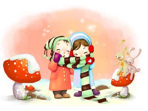 Превью обои рисунок, зима, дети, дыхание, снежинки, грибы, зайчата, шарфик