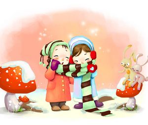 Превью обои рисунок, зима, дети, дыхание, снежинки, грибы, зайчата, шарфик