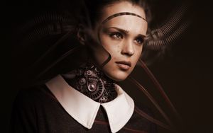 Превью обои робот, девушка, киборг, будущее, грусть, слезы, чувства, искусственный интеллект