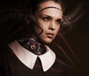 Превью обои робот, девушка, киборг, будущее, грусть, слезы, чувства, искусственный интеллект