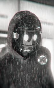 Превью обои робот, киборг, дождь, чб, маска, sci-fi