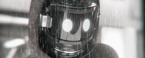 Превью обои робот, киборг, дождь, чб, маска, sci-fi