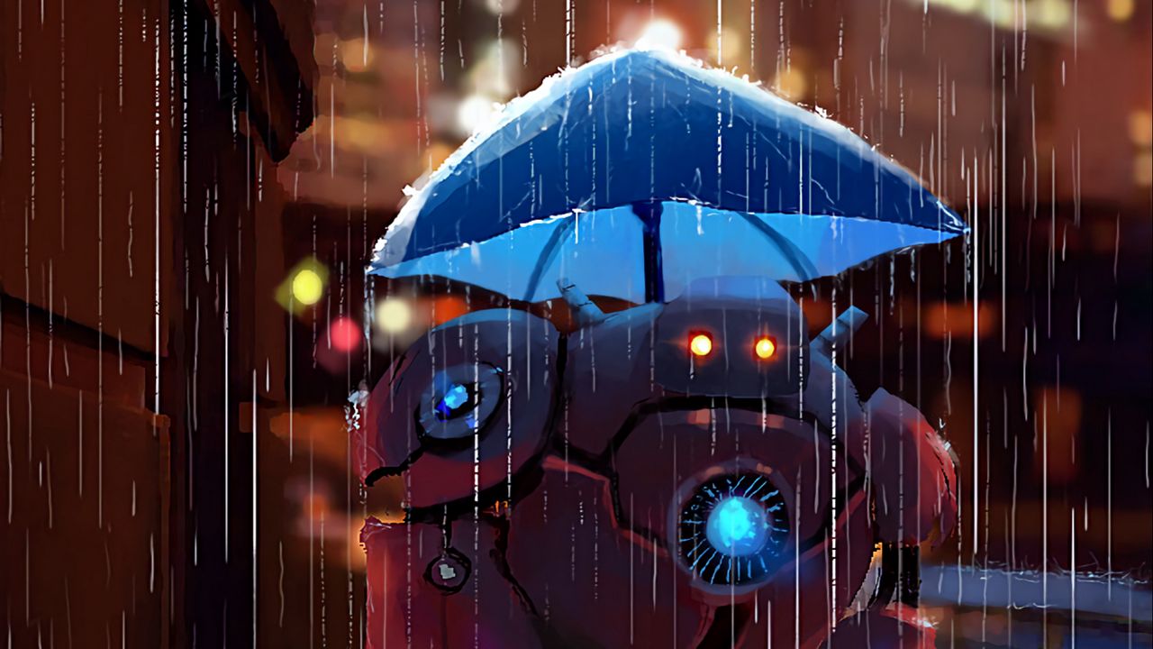 Обои робот, улица, дождь, арт, зонт