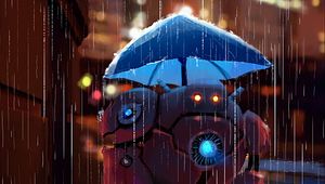 Превью обои робот, улица, дождь, арт, зонт