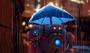 Превью обои робот, улица, дождь, арт, зонт