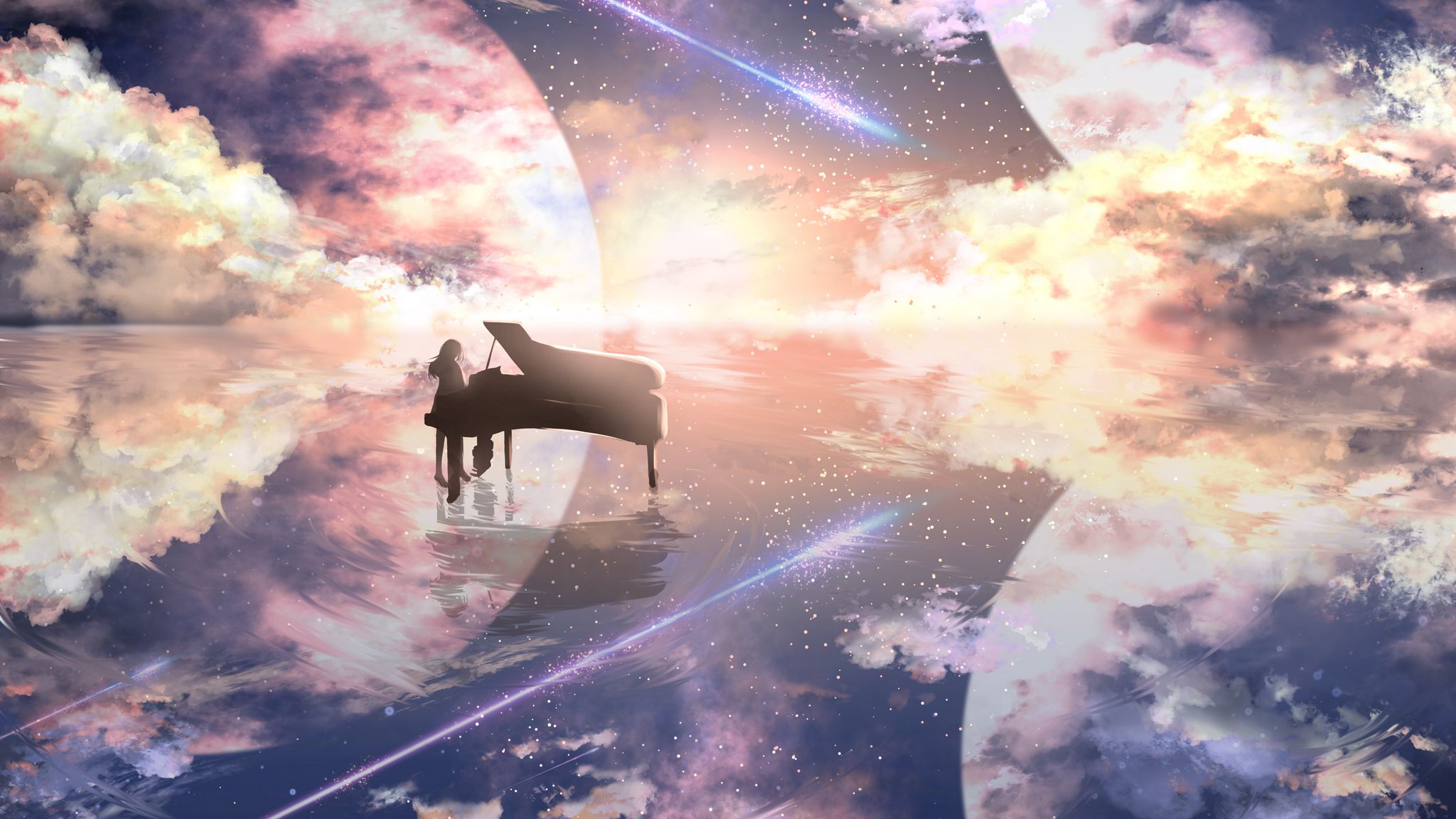 2048x1152 Обои рояль, силуэт, космос, иллюзия, аниме
