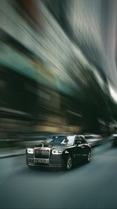 Превью обои rolls-royce, автомобиль, черный, улица, скорость, размытость