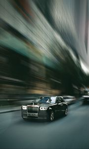 Превью обои rolls-royce, автомобиль, черный, улица, скорость, размытость