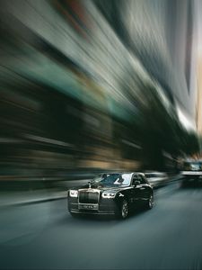 Превью обои rolls-royce, автомобиль, черный, улица, скорость, размытость