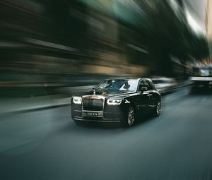 Превью обои rolls-royce, автомобиль, черный, улица, скорость, размытость