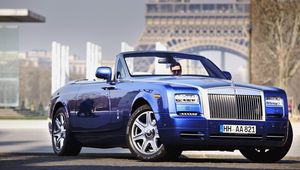 Превью обои rolls-royce, phantom, кабриолет, синий, вид сбоку