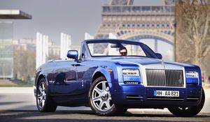 Превью обои rolls-royce, phantom, кабриолет, синий, вид сбоку