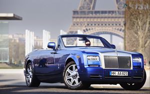 Превью обои rolls-royce, phantom, кабриолет, синий, вид сбоку