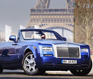 Превью обои rolls-royce, phantom, кабриолет, синий, вид сбоку