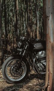 Превью обои royal enfield, мотоцикл, байк, черный, лес
