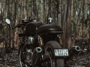 Превью обои royal enfield, мотоцикл, байк, черный, деревья