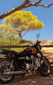 Превью обои royal enfield, мотоцикл, оранжевый, дерево, тени