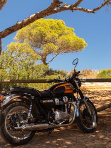 Превью обои royal enfield, мотоцикл, оранжевый, дерево, тени