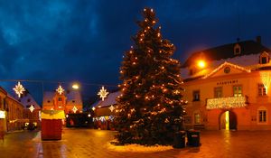 Превью обои рождественская елка, гирлянды, улица, ночь